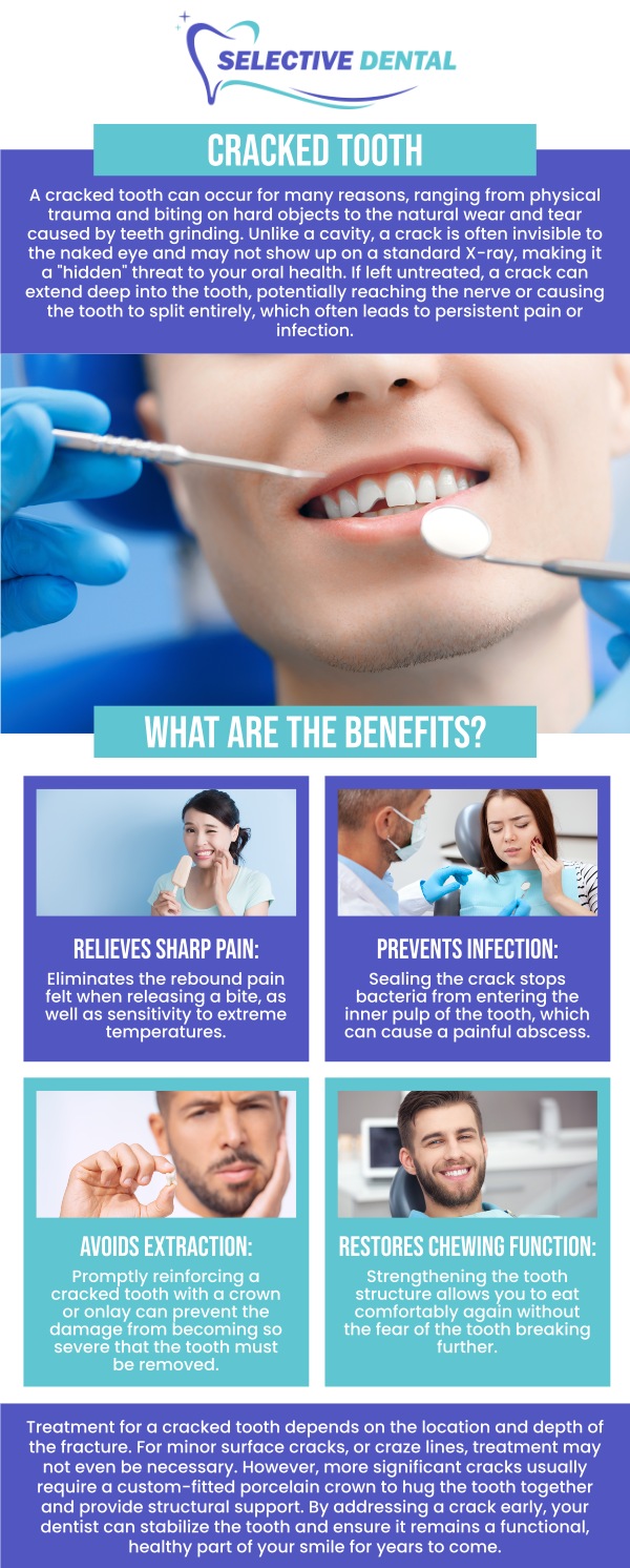 Common questions asked by patients: How much does cracked tooth repair cost? Does insurance cover a broken tooth? Can a dentist pull a fractured tooth?

Cracked Tooth is a dental condition characterized by symptoms of sharp pain on chewing which is actually caused by a 'hidden' crack of the tooth. Visit Selective Dental today to learn more. For more information, contact us today or schedule an appointment online. We are conveniently located at 3151 South White Road, Suite 203 San Jose, CA 95148. We serve patients from all over Santa Clara County CA: San Jose, Milpitas, Santa Clara, Campbell, Sunnyvale, Cupertino, Saratoga, Los Gatos, and beyond!