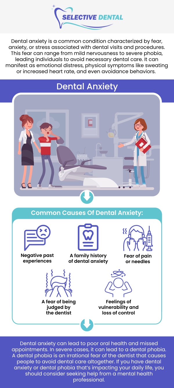 Dental anxiety presents a number of different symptoms that can vary widely among individuals. Broadly speaking, the symptoms of dental anxiety will typically present in ways similar to those associated with more general forms of anxiety in that they will experience concern disproportionate to an actual threat of harm. Dental anxiety specialists are available at Selective Dental. For more information, please contact us or book an appointment online now! We are conveniently located at 3151 South White Road, Suite 203 San Jose, CA 95148. Dental anxiety presents a number of different symptoms that can vary widely among individuals. Broadly speaking, the symptoms of dental anxiety will typically present in ways similar to those associated with more general forms of anxiety in that they will experience concern disproportionate to an actual threat of harm. Dental anxiety specialists are available at Selective Dental. For more information, please contact us or book an appointment online now! We are conveniently located at 3151 South White Road, Suite 203 San Jose, CA 95148.