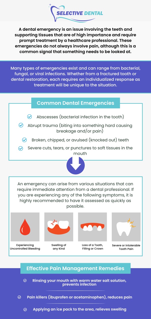 At Selective Dental, we understand that dental emergencies can happen unexpectedly, which is why we offer safe, professional, and accessible emergency dentistry. Whether you’re dealing with a toothache, broken tooth, or other urgent dental issues, Dr. Victoria Vuong, DDS, is here to provide immediate care. Our team is dedicated to delivering prompt, compassionate treatment to alleviate pain and address dental concerns, ensuring your oral health is restored quickly and effectively. For more information, contact us or schedule an appointment online. We are conveniently located at 3151 South White Road, Suite 203 San Jose, CA 95148.
