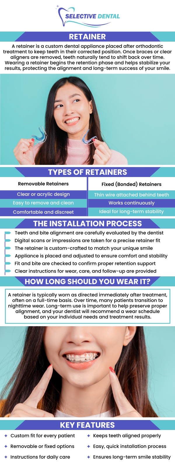 Retainers are an important part of orthodontic treatment, as they help to maintain the desired position of teeth after braces or clear aligners have been removed. They also help to prevent teeth from shifting back to their original position, which can occur due to the natural forces of biting, chewing, and speaking. Trust the experienced dentist Dr. Victoria Vuong, DDS, at Selective Dental for your dental care. Contact us now or schedule an appointment online. We are conveniently located at 3151 South White Road, Suite 203 San Jose, CA 95148. Retainers are an important part of orthodontic treatment, as they help to maintain the desired position of teeth after braces or clear aligners have been removed. They also help to prevent teeth from shifting back to their original position, which can occur due to the natural forces of biting, chewing, and speaking. Trust the experienced dentist Dr. Victoria Vuong, DDS, at Selective Dental for your dental care. Contact us now or schedule an appointment online. We are conveniently located at 3151 South White Road, Suite 203 San Jose, CA 95148.